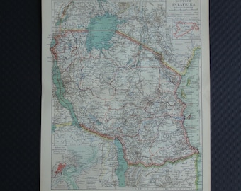 German East Africa old map - original 1908 antique detailed colonial map of Burundi Rwanda Tanzania - alte karte kolonie Deutsch-Ostafrika