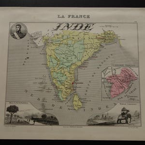 INDIA old map of French India and Indochine 1872 antique hand-colored print about Pondicherry Vietnam vieille carte Inde Cochinchine maps