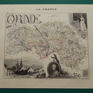 FRANCE old map of ORNE department 1856 original hand-colored antique print about Alençon Fiers Argentan Sees France vieille carte - 9x11"