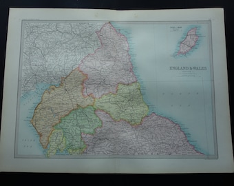 ENGLAND antique map of England 1890 original LARGE old print about Northumberland Carlisle Isle of Man vintage maps poster 14x19" big