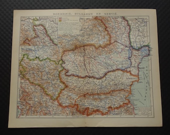 Könnte beinhalten: Antike Karte von Rumänien, Bulgarien und Serbien mit detaillierten geografischen Informationen. Die Karte ist auf gealtertem Papier gedruckt und zeigt ein Netzwerk von Straßen, Flüssen und Städten. Der Titel "ROEMENIE. BULGARIE EN SERVIE." ist oben aufgedruckt.