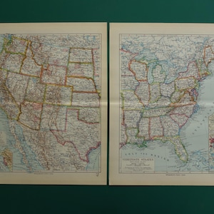 Ancienne carte des États-Unis des États-Unis de 1928, deux cartes vintage originales de 1928, ensemble de 2 impressions détaillées des côtes est et ouest des États-Unis