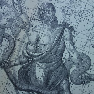 Old astronomy print of Aquila Eagle Ophiuchus Taurus Snake Serpent sign constellation antique star map astrology original vintage prints