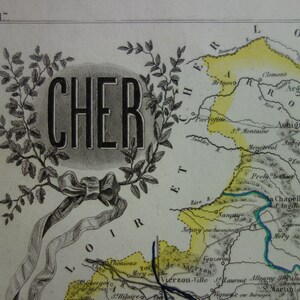 1851 CHER oude kaart van departement - originele handgekleurde antieke posterafdruk over Bourges Vierzon Baugy - vintage kaarten Frankrijk