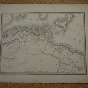 Carte de l'histoire de l'Afrique du Nord âgée de plus de 175 ans, affiche ancienne originale de Carthage Numidie - cartes anciennes datées Tunisie Maghreb Mauritanie
