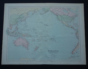 Stara mapa Oceanu Spokojnego, duża, oryginalna, antyczna, wydrukowana w 1890 r., przedstawiająca duże, zabytkowe mapy Oceanii i Pacyfiku