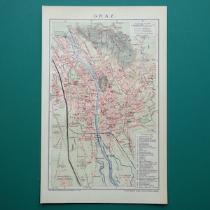 Alte Landkarte GRAZ - 1907 original antiker Stadtplan von Graz Österreich Steiermark - detaillierte vintage Karten 16x25c 6x20cm klein mit Jahreszahl