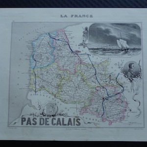 PAS-DE-CALAIS old map of France 1856 original antique print Arras Boulogne-sur-Mer Lens French department detailed vintage maps