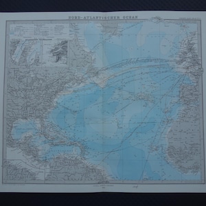 ATLANTIK Ozean Karte 1880 original großer alter Druck von Meerestiefe Liniendampfer Linienposter 15x18 "große Vintage Karten mit Jahreszahl