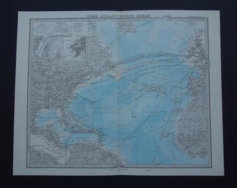 ATLANTIC ocean map 1880 original large old print of sea depth steamer line routes antique poster 15x18&quot; big vintage maps with year date