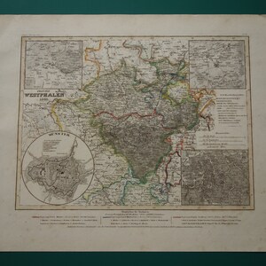 GERMANY old map 1849 hand colored old print poster of NRW vintage antique maps Münster Paderborn Provinz Westfalen alte karte von zdjęcie 4