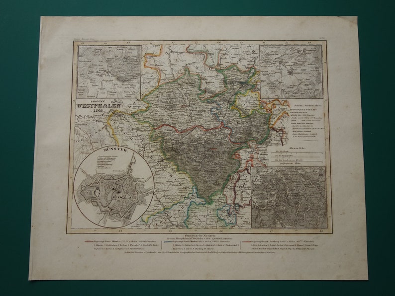 GERMANY old map 1849 hand colored old print poster of NRW vintage antique maps Münster Paderborn Provinz Westfalen alte karte von zdjęcie 4