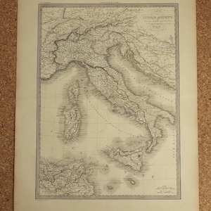 Ancienne carte de l'ITALIE GRANDE 1851 affiche ancienne originale de l'Italie dans l'antiquité classique cartes vintage Sicile Rome Venise 20 x 27 grande datée de l'année