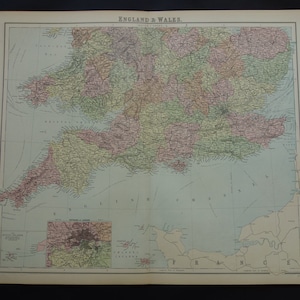 Mappa dell'INGHILTERRA di oltre 140 anni, grande stampa originale antica del 1875 con mappe vintage dell'Inghilterra, Londra, Bristol e Birmingham - grande 22x28"