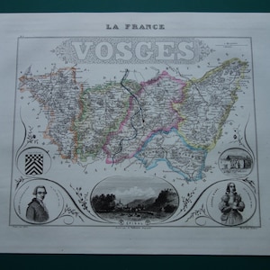 VOSGES ancienne carte des Vosges 1856 Gravure ancienne originale sur Jeanne D'Arc Épinal Contrexéville département France, cartes anciennes détaillées