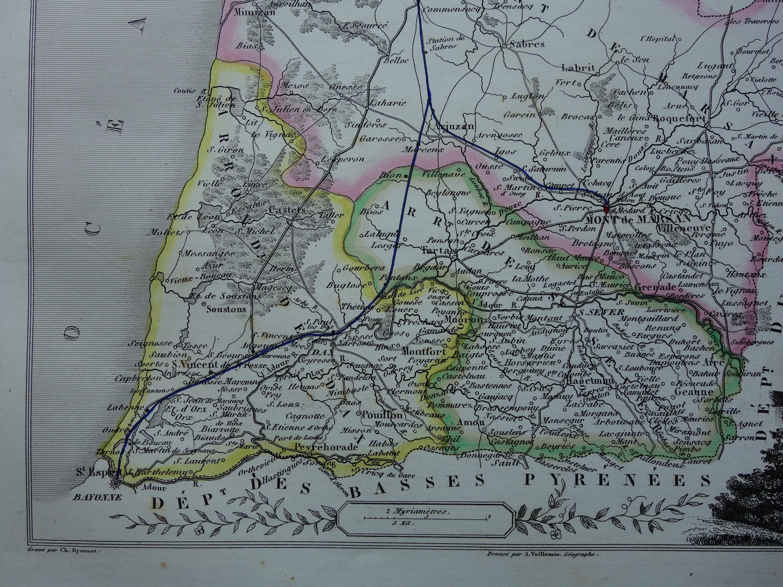 LANDES Old Map of Landes Departement 1856 Beautiful Antique Hand