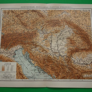Oude hoogtekaart van Oostenrijk, Hongarije, Bohemen 1910 antieke print Alpen Slowakije Oost-Europa bergen vintage kaarten hoogte Karpatisch