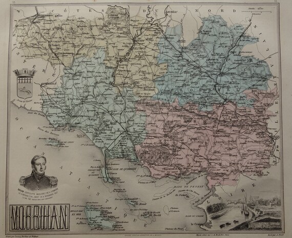 Antique Map of Morbihan Department France 1886 Beautiful Old Hand