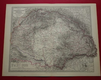 Könnte beinhalten: Antike Karte der österreichisch-ungarischen Monarchie mit detaillierten geografischen Informationen. Die Karte ist in Schwarzweiß mit roten Grenzlinien gedruckt. Der Titel ist auf Deutsch. Auf weißem Hintergrund mit rotem Rand.