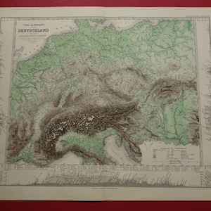 Ancienne carte de l'Allemagne, Europe centrale 1878, impression antique Alpes Slovaquie Autriche Hongrie montagnes - affiches de taille moyenne, cartes 14 x 18 po.