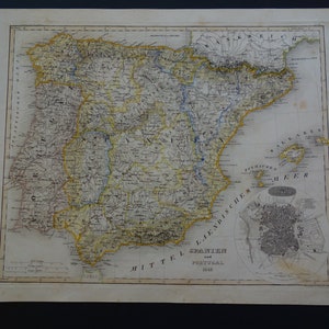 SPANIEN alte Landkarte von Spanien und Portugal 1849 original vintage detailierte Landkarten Madrid Barcelona 23x30cm
