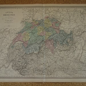 Grande carte historique de la SUISSE Impression/poster originale colorée à la main de Genève Zurich Bâle Suisse grande affiche de cartes vintage 61 x 61 cm