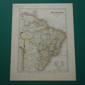 Mappa d'epoca del Brasile Stampa antica originale colorata a mano del 1851 del Brasile - mappe dettagliate del Brasile