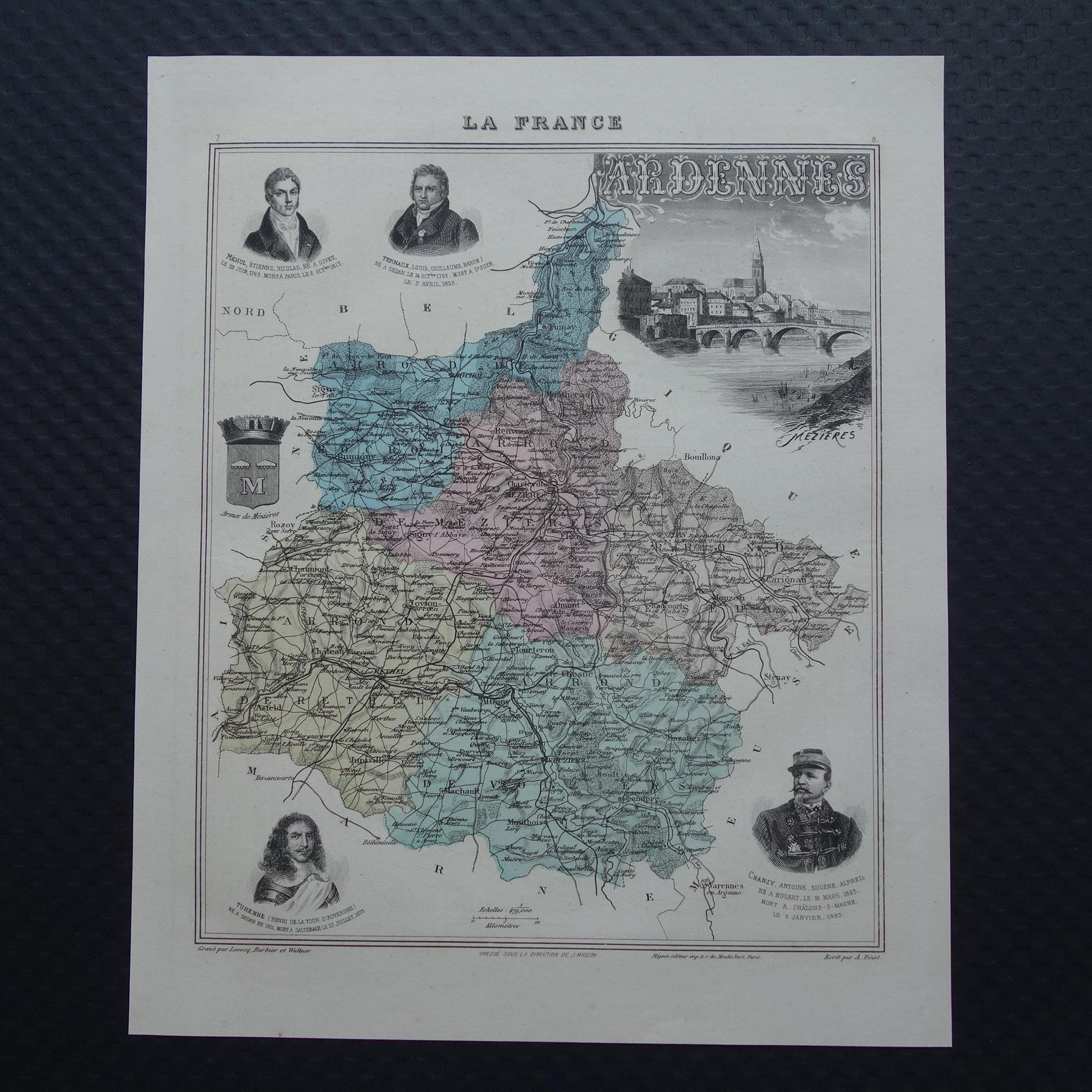 1886 Antique Map of Ardennes Departement France - Beautiful Old
