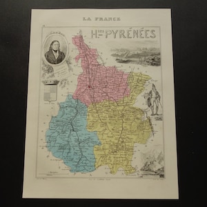 Hautes-Pyrénées 1876 original old map - hand-colored antique engraving of Tarbes Lourdes Aureilhan departement France vieille carte - 8x11"