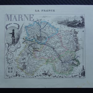 165+ years old map of MARNE department France 1856 beautiful original antique print about Châlons-en-Champagne Reims Épernay vintage maps