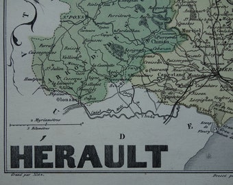 1870 ancienne carte du département de l'Hérault France belle ancienne impression couleur Montpellier Béziers Sète Lunel Agde Frontignan vielle carte