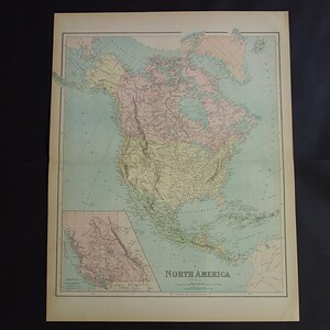 NOORD-AMERIKA Grote oude kaart van de VS, Canada, Mexico 1875 originele antieke kaarten Amerikaans continent vintage poster