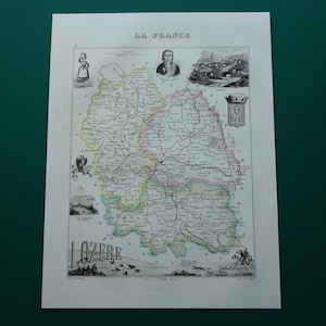 1856 Lozère old map of Lozere - lovely hand-colored antique map about Mende Florac Quezac Tarn Gorges departement France vieille carte maps