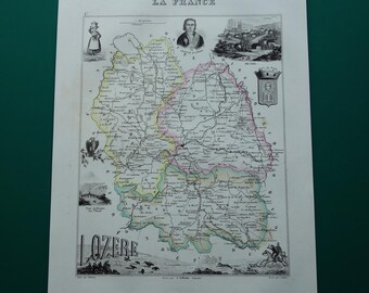 1856 Lozère vecchia mappa della Lozère - bella mappa antica colorata a mano su Mende Florac Quezac Tarn Gorges dipartimento Francia vieille carte mappe