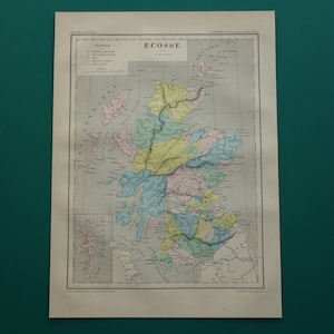 ÉCOSSE vieille carte de l'Écosse 1878, impression originale originale française antique en couleur à propos de Glasgow Aberdeen Edinburgh 23 x 31 c 9 x 12" petite affiche