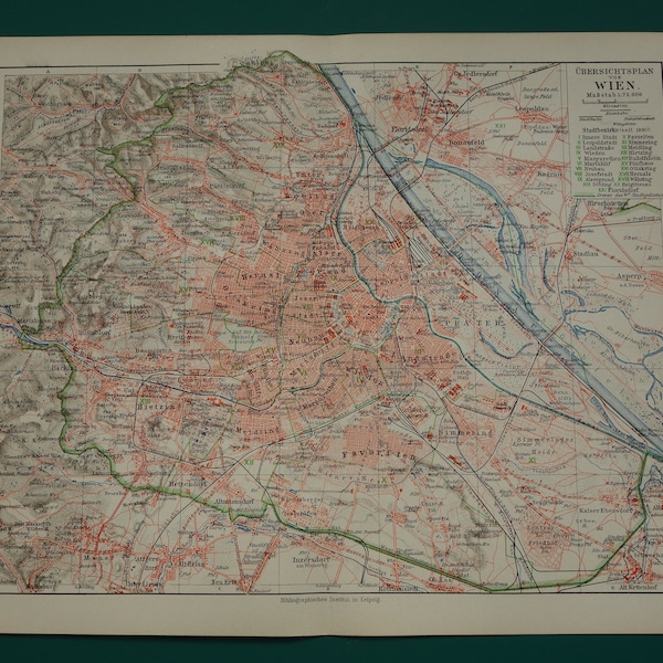 VIENNA old map of Vienna city plan 1905 original antique detailed print - detailed antique maps - Stadtplan von Wien 25x30c 10x12"
