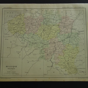 BÉLGICA mapa antigo da Bélgica 1896 impressão francesa original antiga sobre a área de Bruxelas e Antuérpia - mapas vintage coloridos à mão - 9x12"