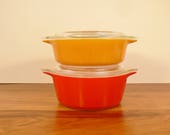 Pyrex Friendship casseroles, Red and orange pyrex baking dishes, vintage cookware, vintage kitchen