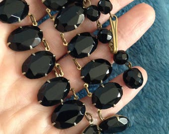 Necklace Bib Jet Black Glass French Statement Open Bezel Set Adjustable