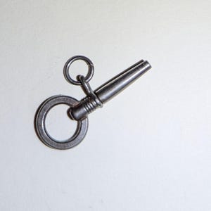 May include: A silver watch chain with a round loop and a pointed end.