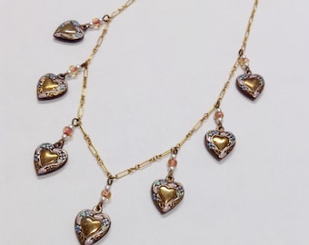 Necklace Bib Enamal Dangling Hearts Brass Collectible Statement Piece