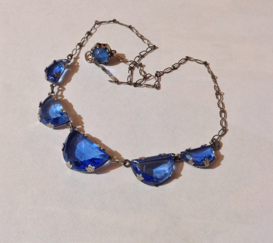Art Deco Blue Glass Crystal Open Bezel Rhodium Plated Choker