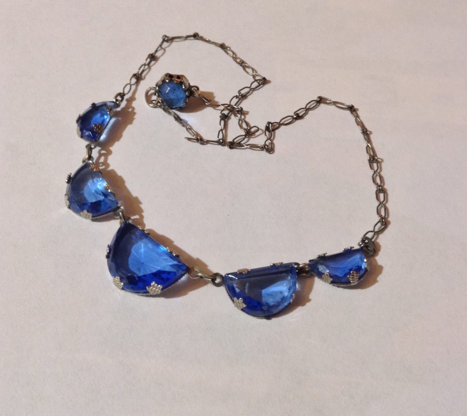 Art Deco Blue Glass Crystal Open Bezel Rhodium Plated Choker
