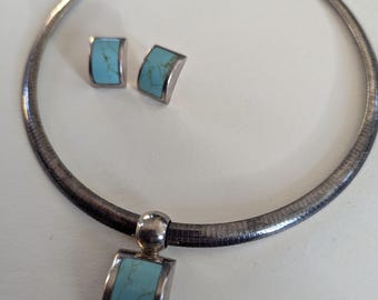 ATI Mexico Turquoise Sterling Omega Necklace, Pendant, Earring Set