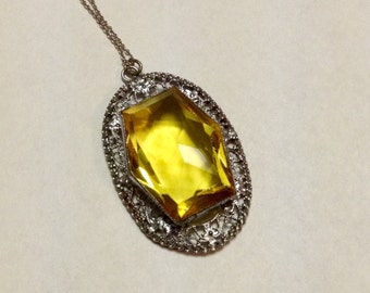 Art Deco Necklace Pendant Citrine Colored Glass Rhodium Open Bezel and Sterling Italian Chain