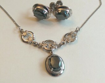 Necklace Earrings Vintage Metallic Hematite Gemstone Sterling Silver Collectors Amco Set