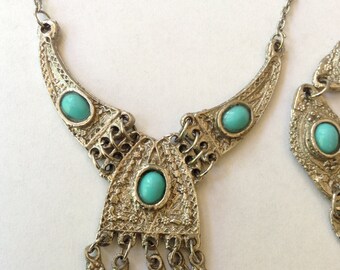 Necklace Bracelet Earring Set marked Jerusalem Silver-tone Encasement with Turquoise Blue Stone