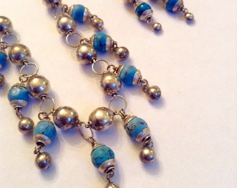 Necklace Earring Set  Silver and Turquoise Beads Collectible