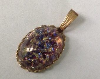 Necklace Pendant Opalescent Glittery Purple Blue Vintage with Gold Encasing
