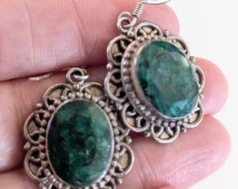 Earrings Dangle Vintage Green Chrysoprase Crystal Sterling